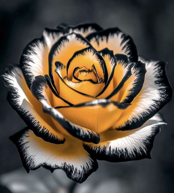 A close-up of a rose, showcasing its striking black-edged petals.