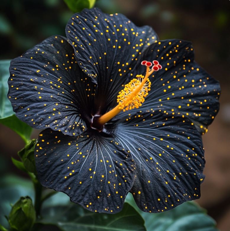 Close-up of a striking black hibiscus flower adorned with bright yellow speckles and a prominent golden stamen.