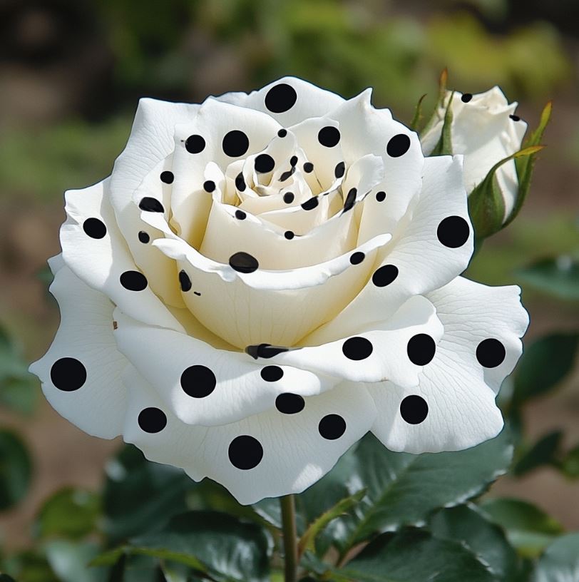 White rose with black polka dots on petals