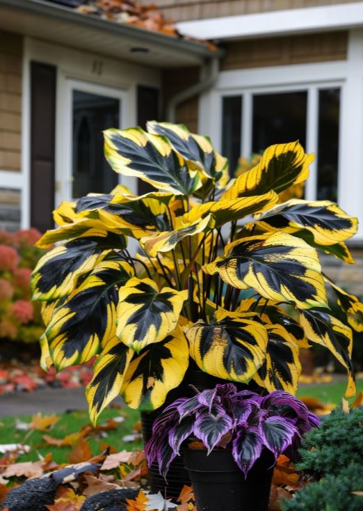 Vibrant Calathea plant with striking yellow and black patterned leaves beside a purple foliage plant.