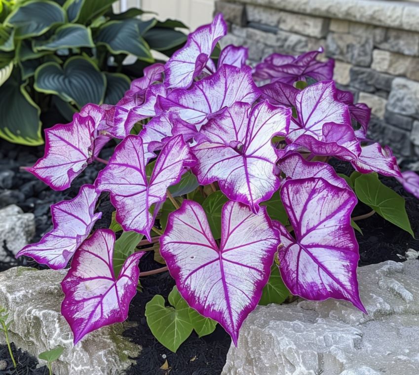  Vibrant Caladium plant with pink and white leaves in a garden setting