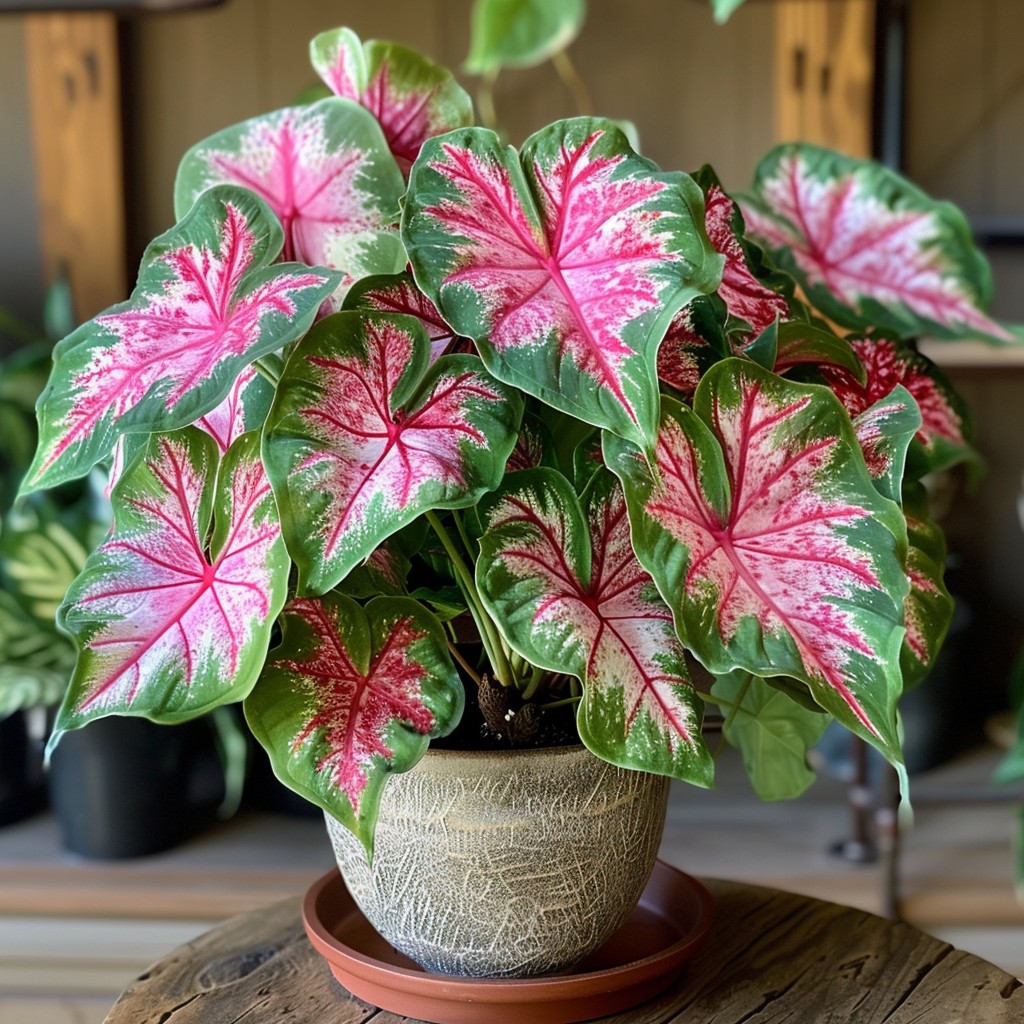 Caladium plant with vibrant pink and white leaves in decorative pot