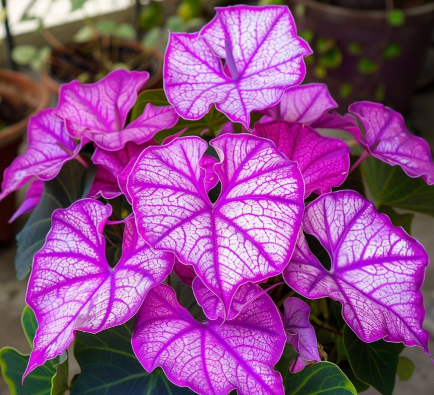 Close-up of Caladium plant with bright pink and white leaves in a home setting