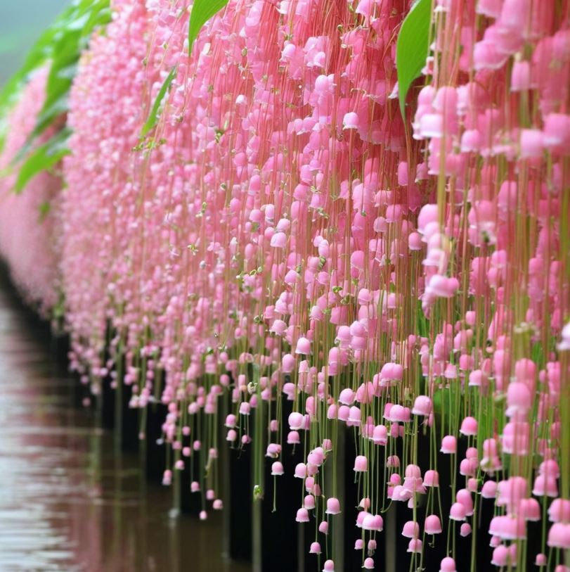 "Rows of cascading pink Lily of the Valley flowers hanging over water."