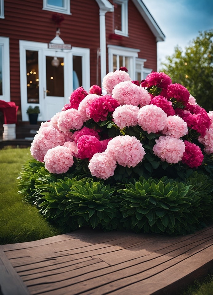 Vibrant Hydrangea Tree 'Candy Bloom' with pink and red blooms in a garden setting by a red house