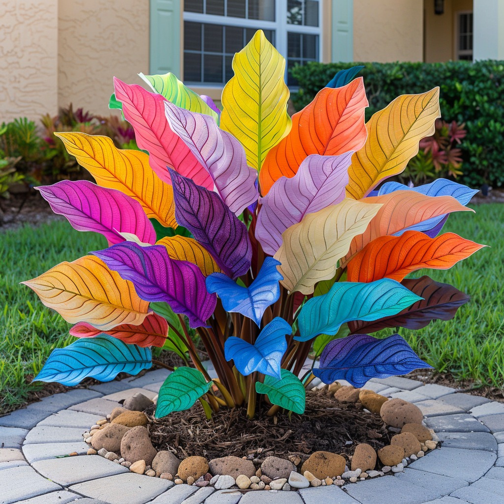 A vibrant arrangement of colorful artificial leaves in various shades, displayed in a garden setting surrounded by decorative stones.