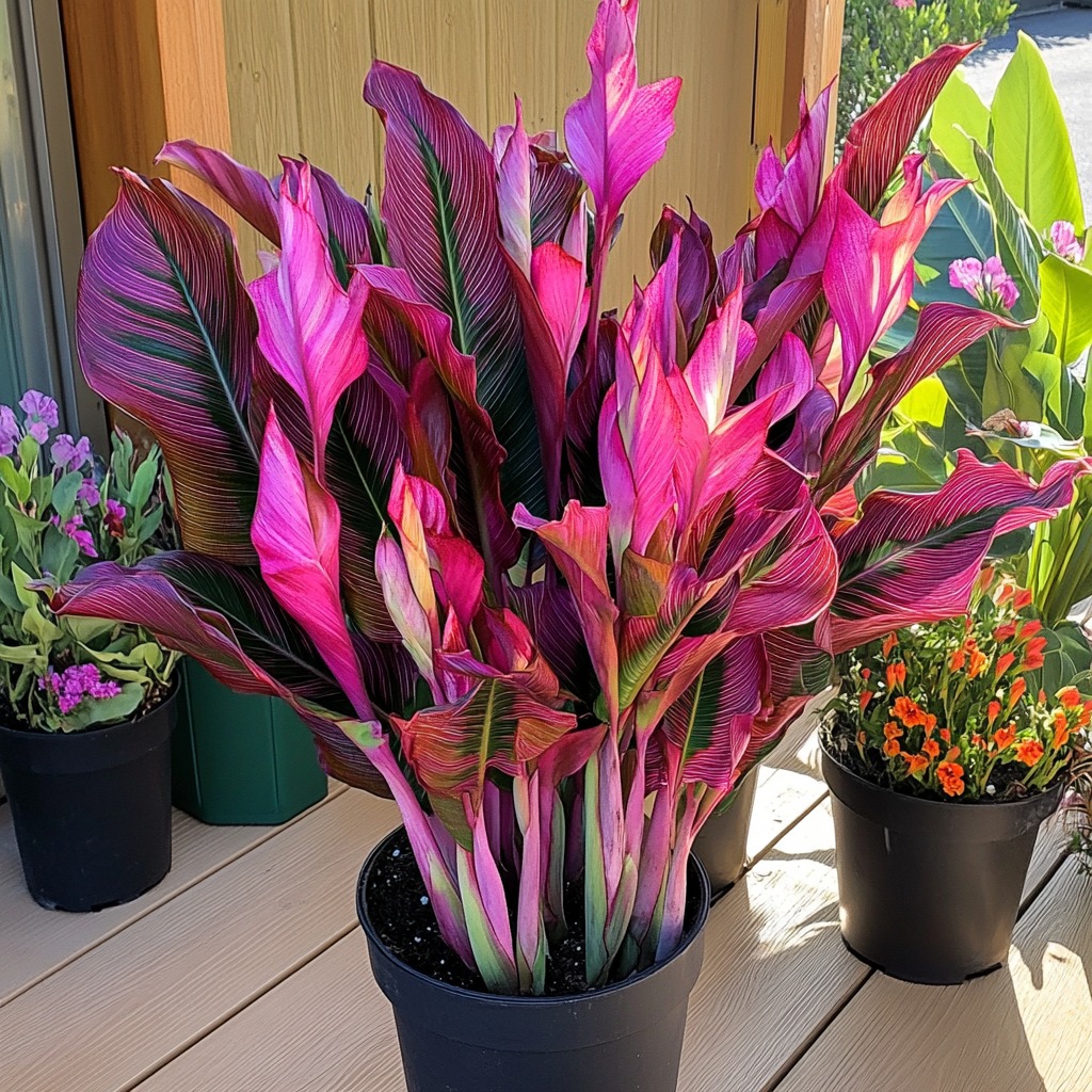 Vibrant Caladium plant with striking pink and green foliage in a decorative pot.