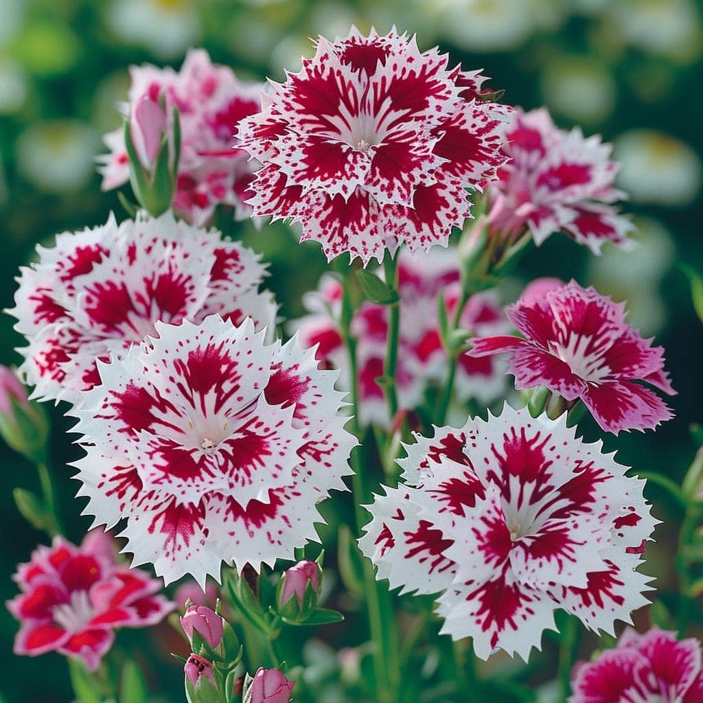 Close-up of vibrant pink and white Dianthus flowers with intricate fringed petals in a lush green setting.