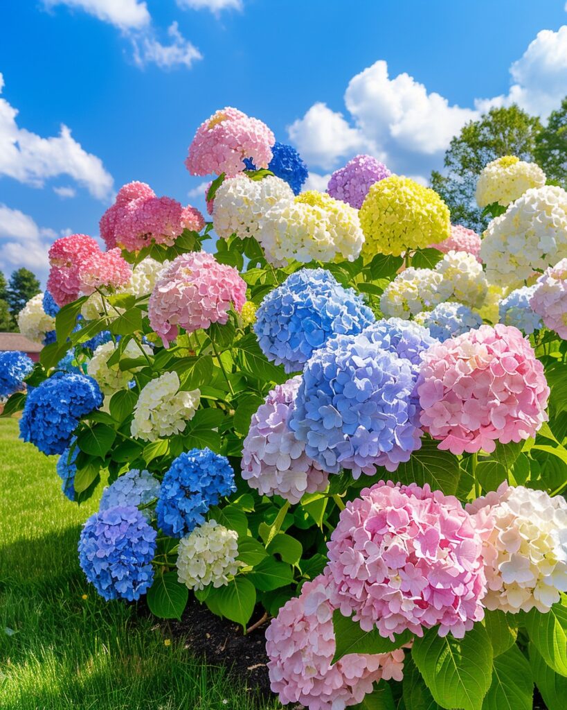 A vibrant cluster of multi-colored hydrangeas in shades of pink, blue, white, and yellow, blooming under a clear blue sky