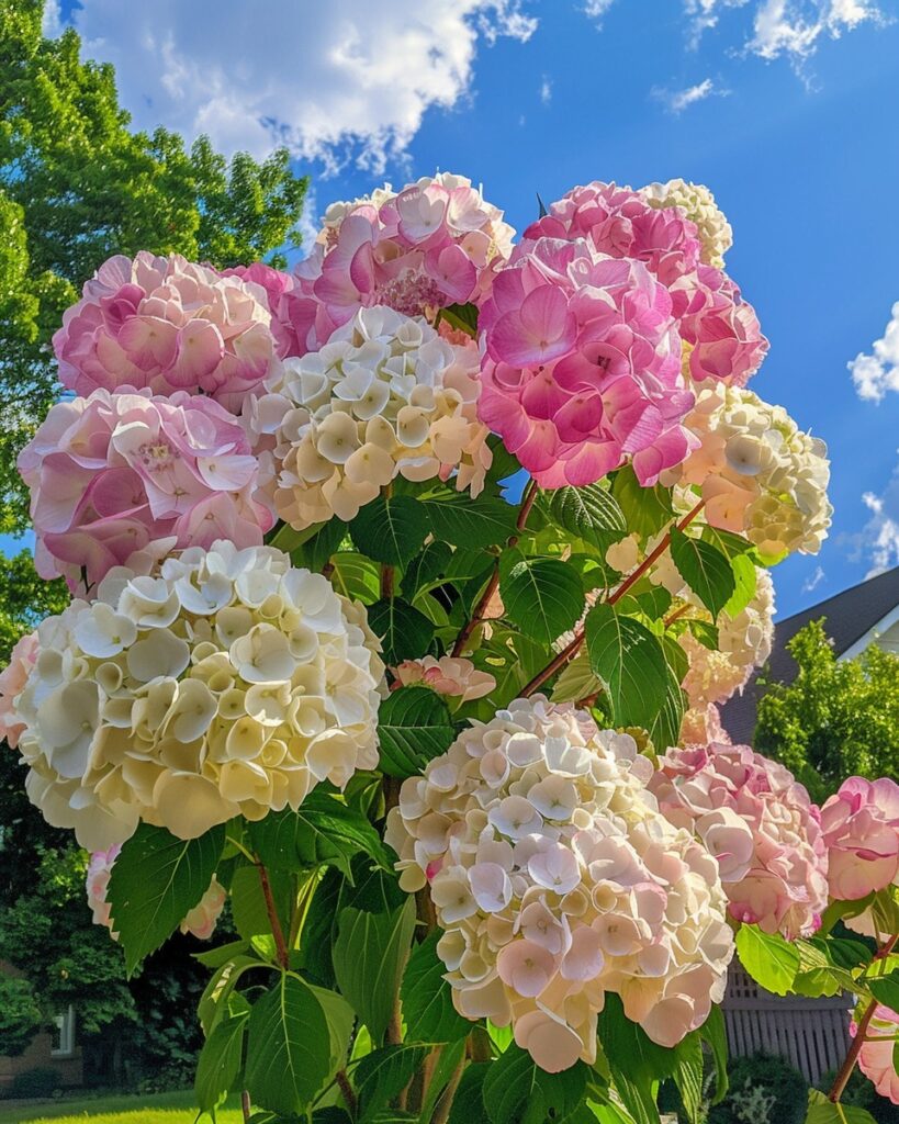 Vibrant pink and white hydrangea flowers blooming against a bright blue sky.