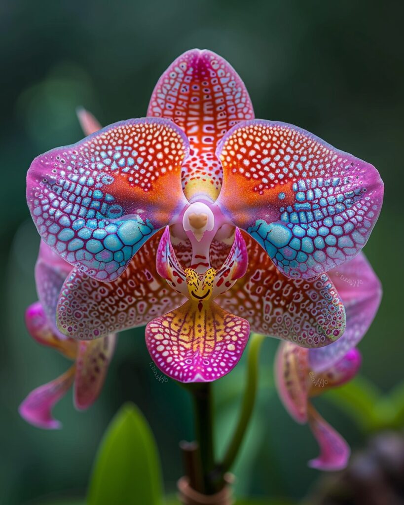 A close-up of a vibrant orchid showcasing intricate patterns with hues of pink, red, and blue, set against a blurred green background.