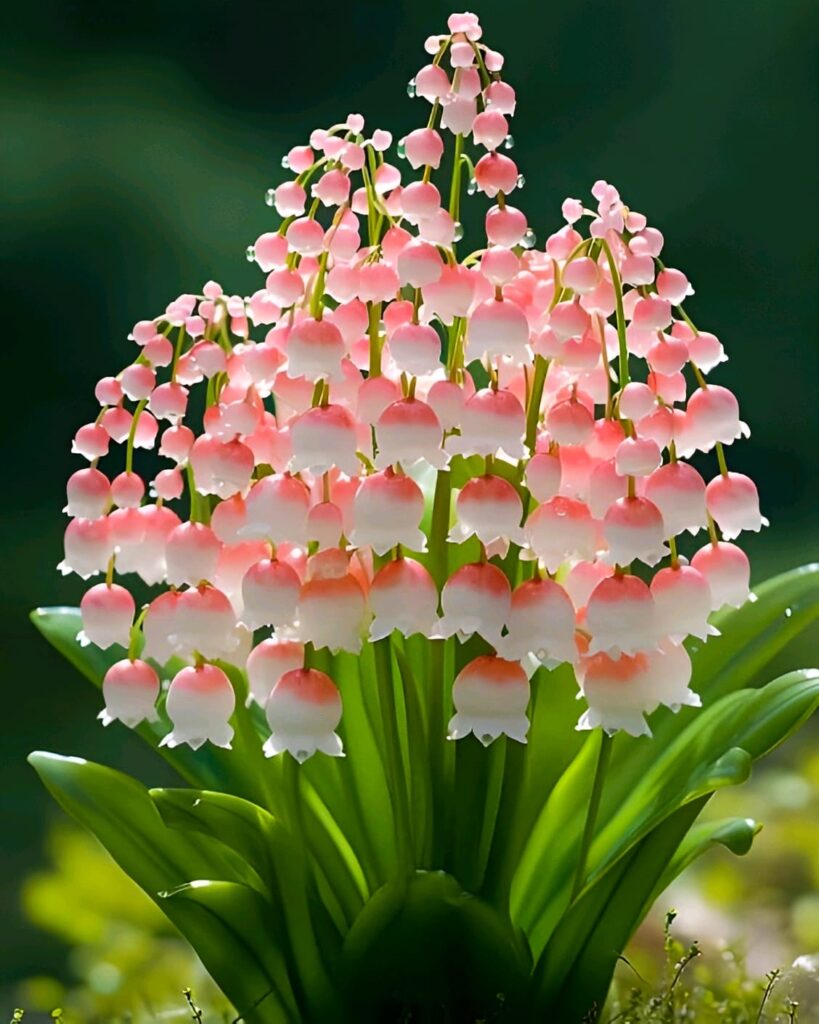 Beautiful Lily of the Valley flowers with pink and white bell-shaped blooms cascading from green foliage.