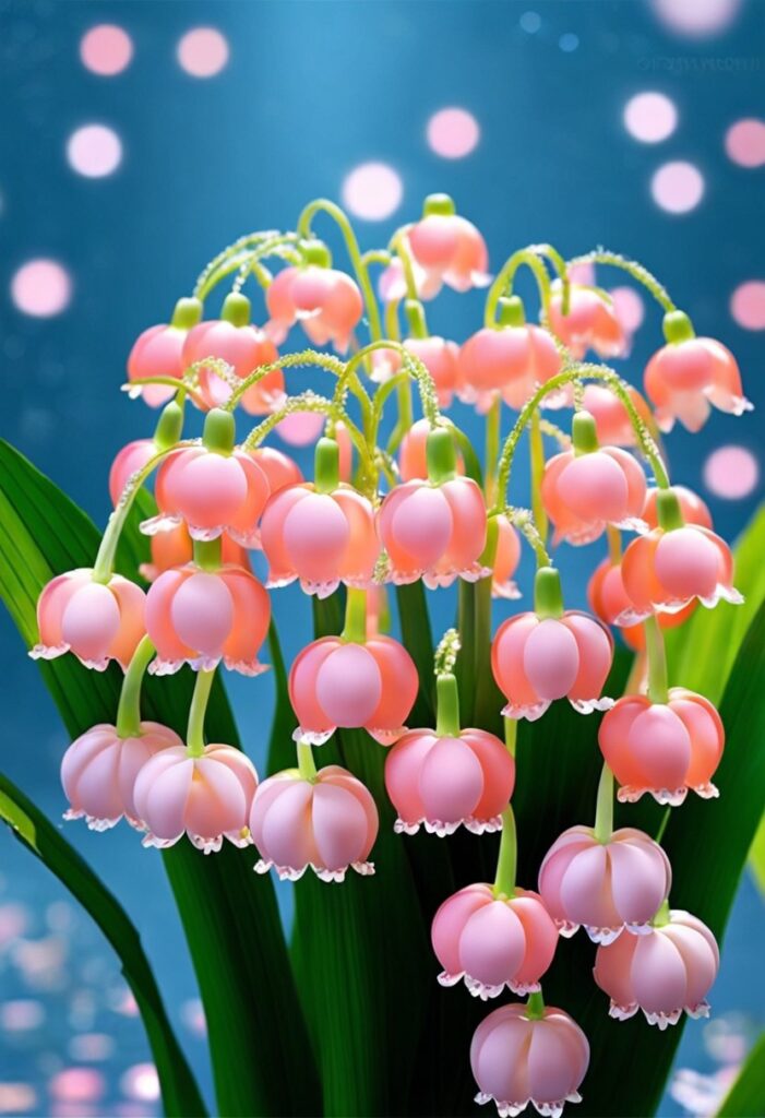 "Cluster of pink bell-shaped flowers with green stems against a blurred blue background."