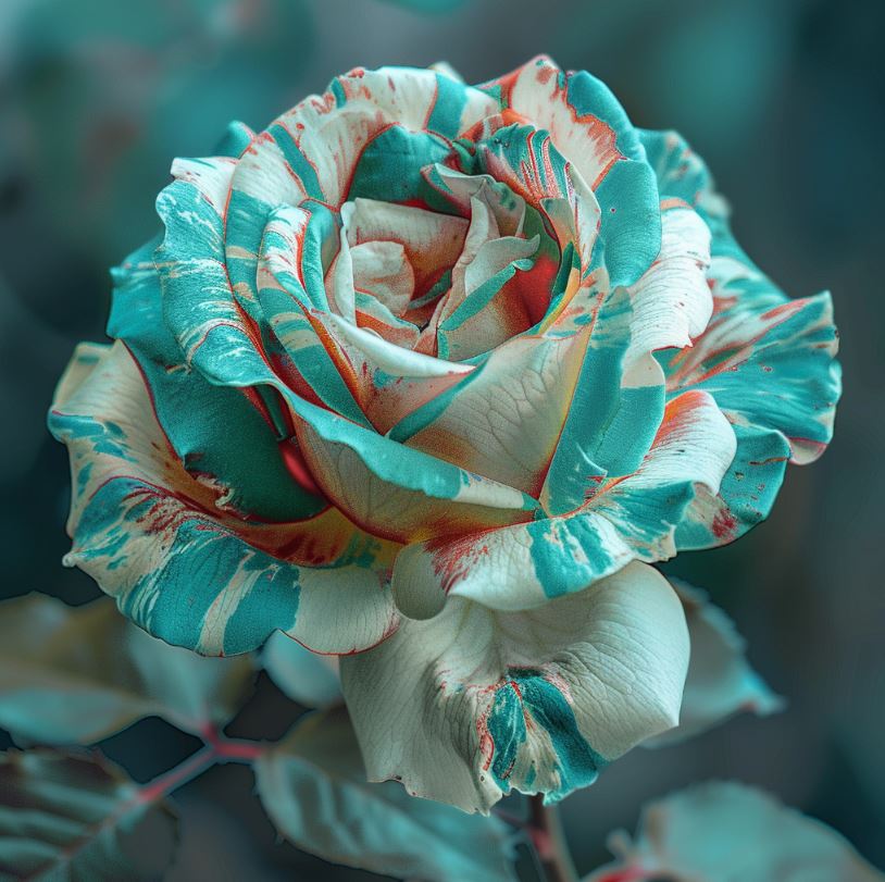 A close-up of a unique blue and white striped rose.