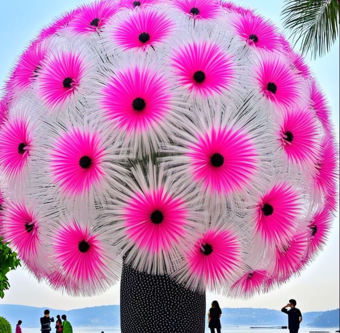 A vibrant Dragon Tree Flower (Dracaena cinnabari) with striking pink and black blooms, resembling a whimsical tree shape, against a clear sky.