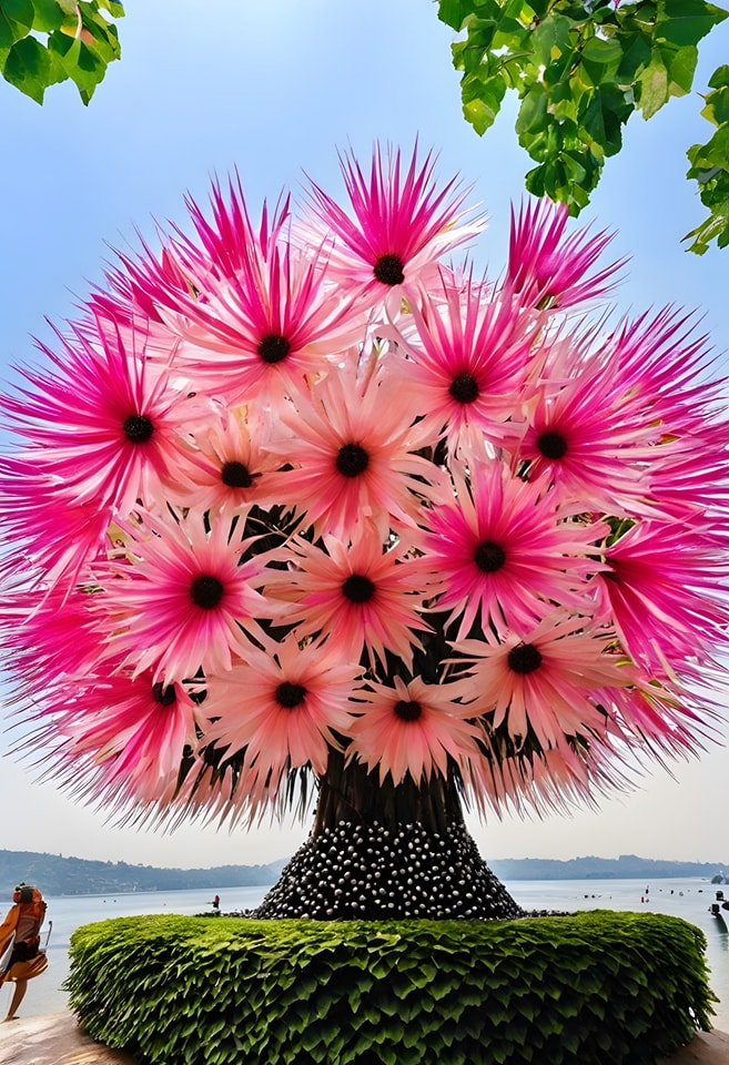 "Dragon Tree Flower (Dracaena cinnabari) with vibrant pink and white blossoms in a unique floral pattern