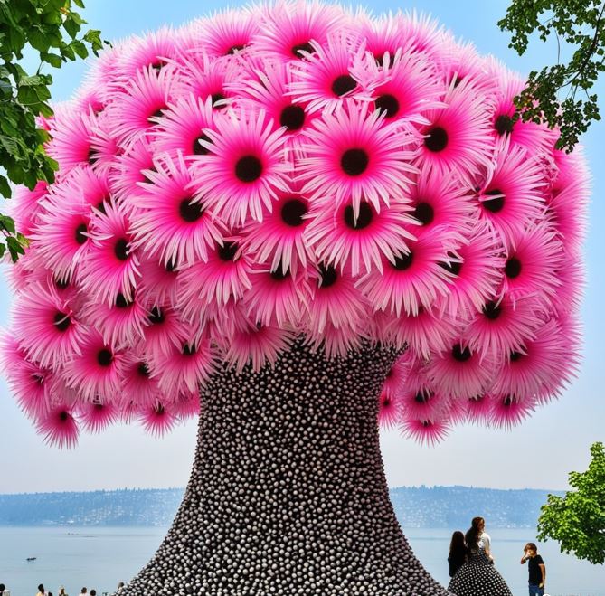 Large Dragon Tree Flower (Dracaena cinnabari) with vibrant pink blossoms and people admiring it by the lake.