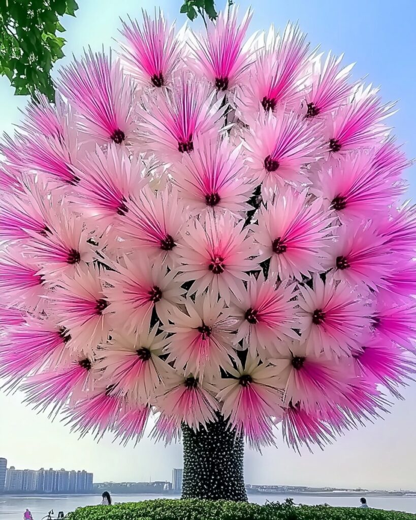 "Dragon Tree Flower (Dracaena cinnabari) with vibrant pink and white blossoms in a unique floral pattern