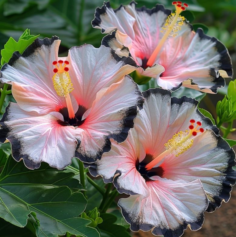 Hibiscus flowers with pink petals, striking black edges, and yellow stamens, surrounded by lush green leaves.