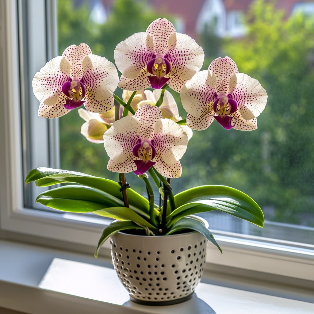 Close-up of orchid flowers with purple and white patterns