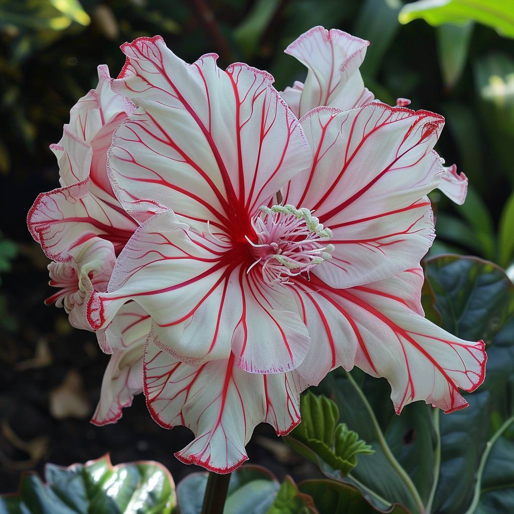 A stunning close-up of a white and red striped flower, featuring intricate petal designs and a vibrant center, set against a lush green background.