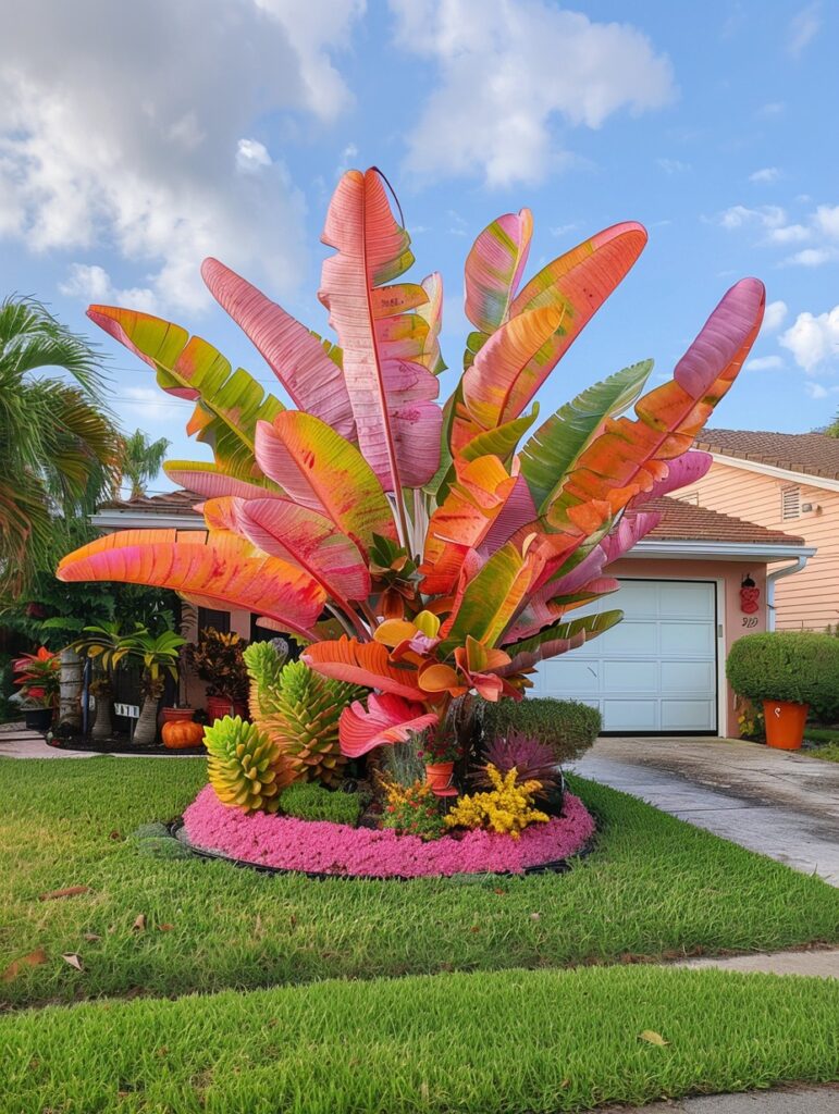 Vibrant Elephant Ear plant with large, colorful leaves in a garden setting.