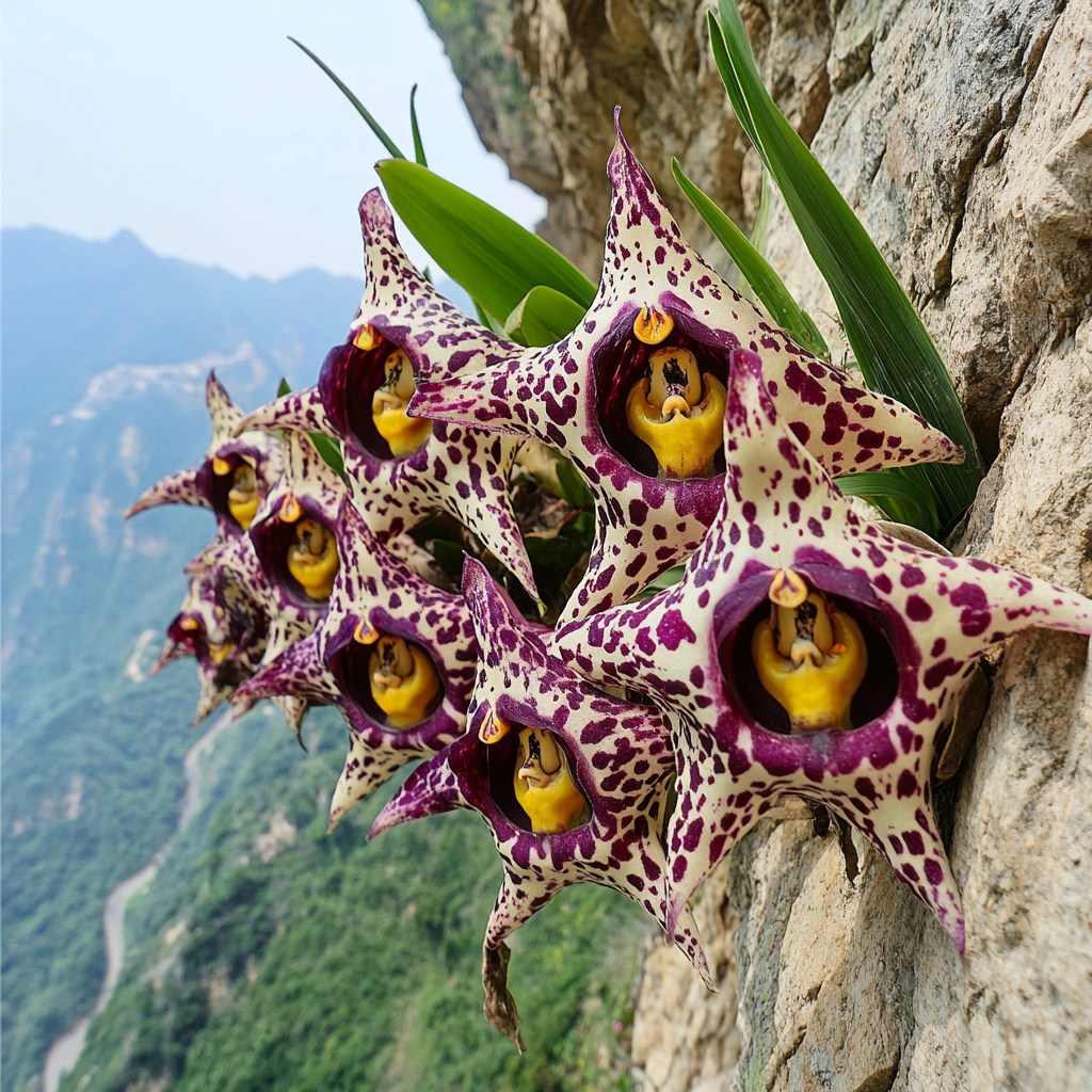 Close-up of unique orchids with star-like shape and vibrant colors