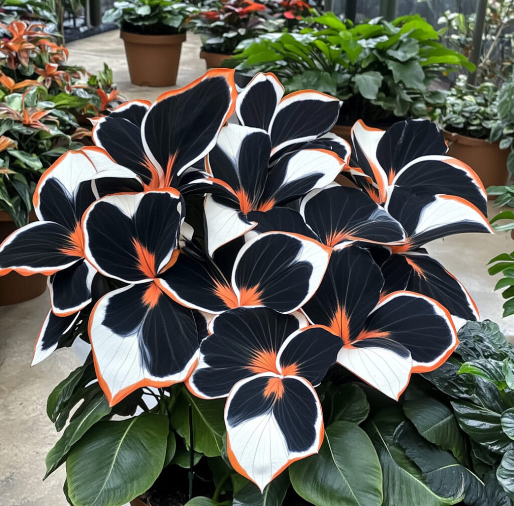 "Butterfly Plant (Calico Tom) with vibrant black and white leaves featuring orange accents in a lush garden."