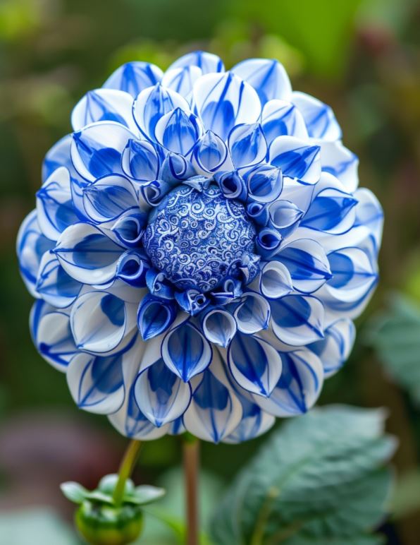 Close-up of blue and white dahlia with intricate patterns