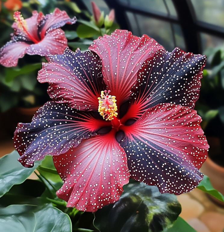 Close-up of red and black hibiscus flower with striking patterns