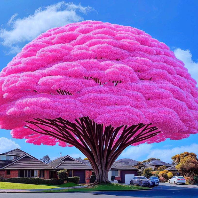 Vibrant Pink Jacaranda tree with fluffy pink blossoms against a clear blue sky