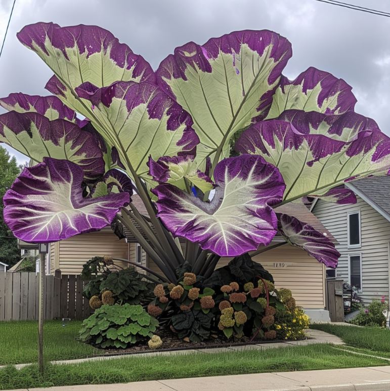 Giant purple elephant ear plant with large heart-shaped leaves and prominent veins