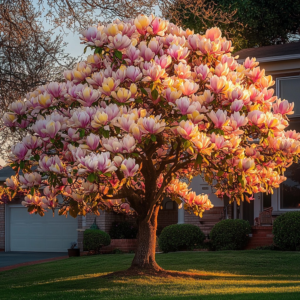 Magnolia tree with pink and yellow blossoms illuminated by the warm glow of sunset, standing in a suburban front yard