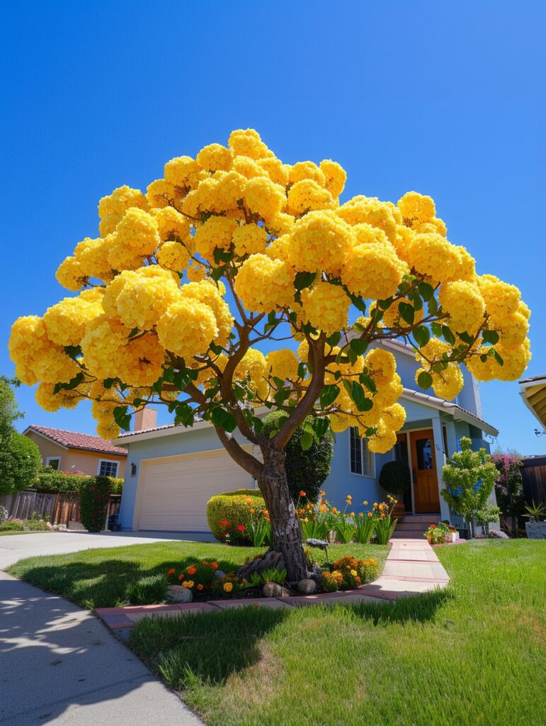 A vibrant golden trumpet tree adorned with yellow flowers in front of a house against a clear blue sky.