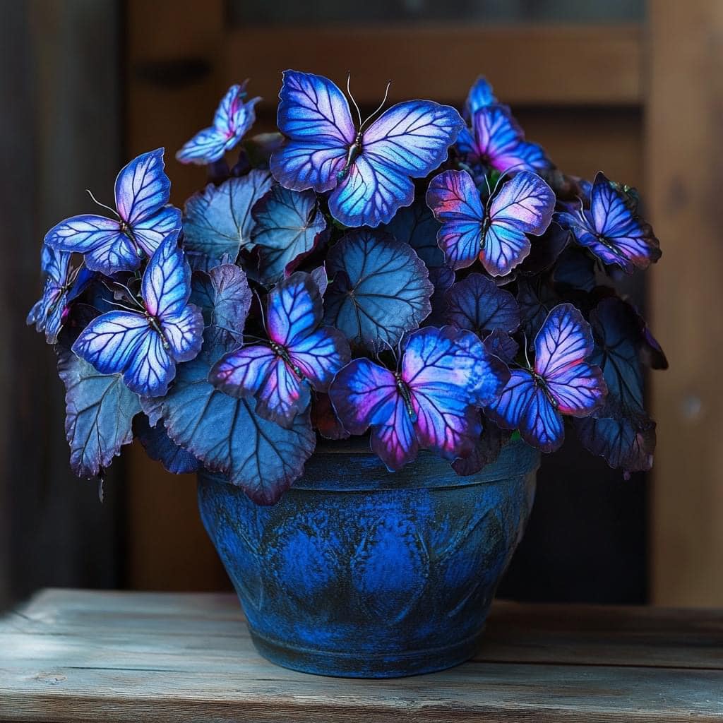  Begonia Moonlight Butterfly plant with vibrant blue and purple butterfly-shaped leaves in a decorative pot.