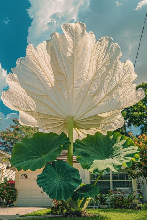 Large Elephant Ear plant with massive, fan-like leaves against a blue sky