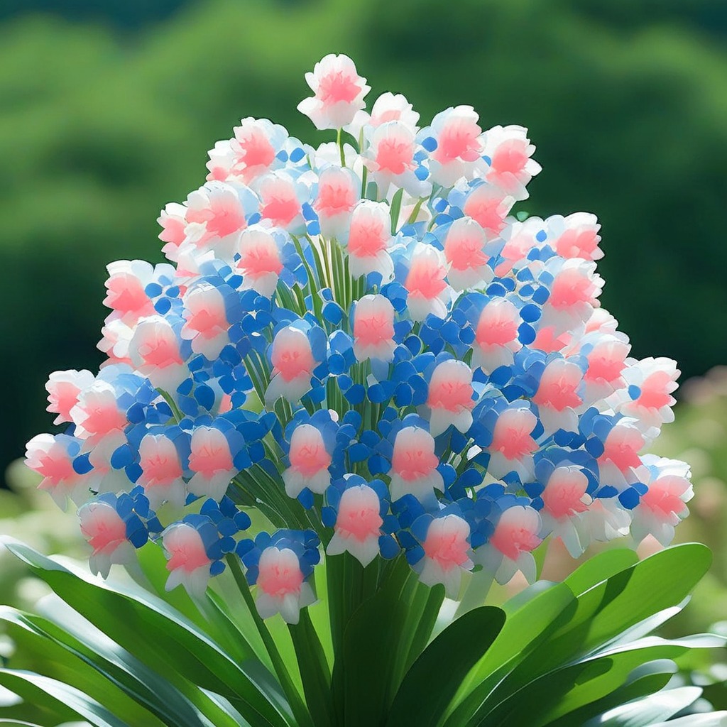 A vibrant cluster of lily of the valley flowers with pink, white, and blue bell-shaped blooms against lush green foliage.