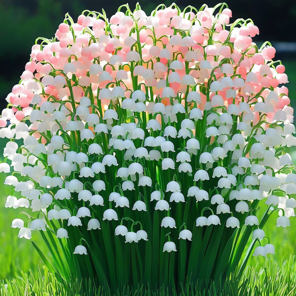 A vibrant cluster of lily of the valley flowers, featuring delicate white and pink bell-shaped blooms with lush green foliage.