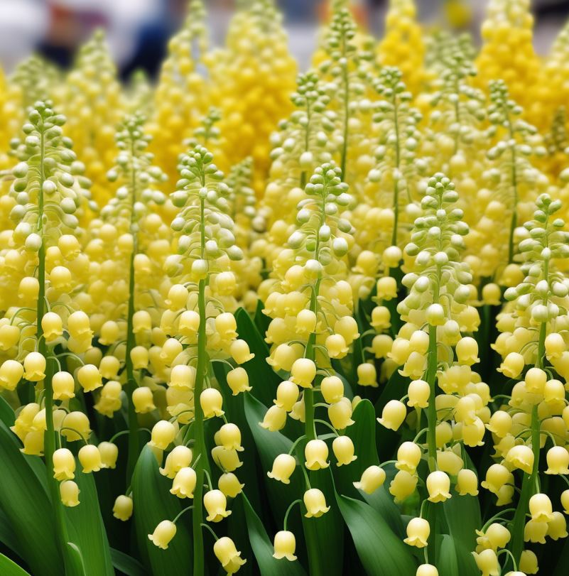 "Yellow and white Lily of the Valley flowers with lush green leaves."