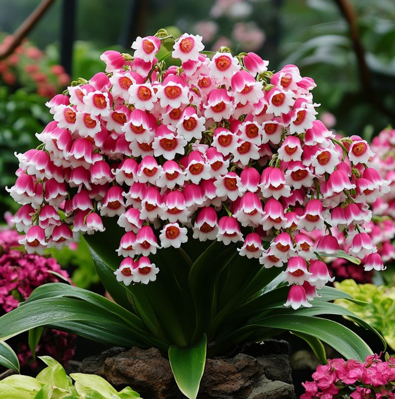 A beautiful arrangement of Lily of the Valley flowers showcasing clusters of pink and white bell-shaped blooms with a hint of orange at the center, surrounded by lush green foliage.