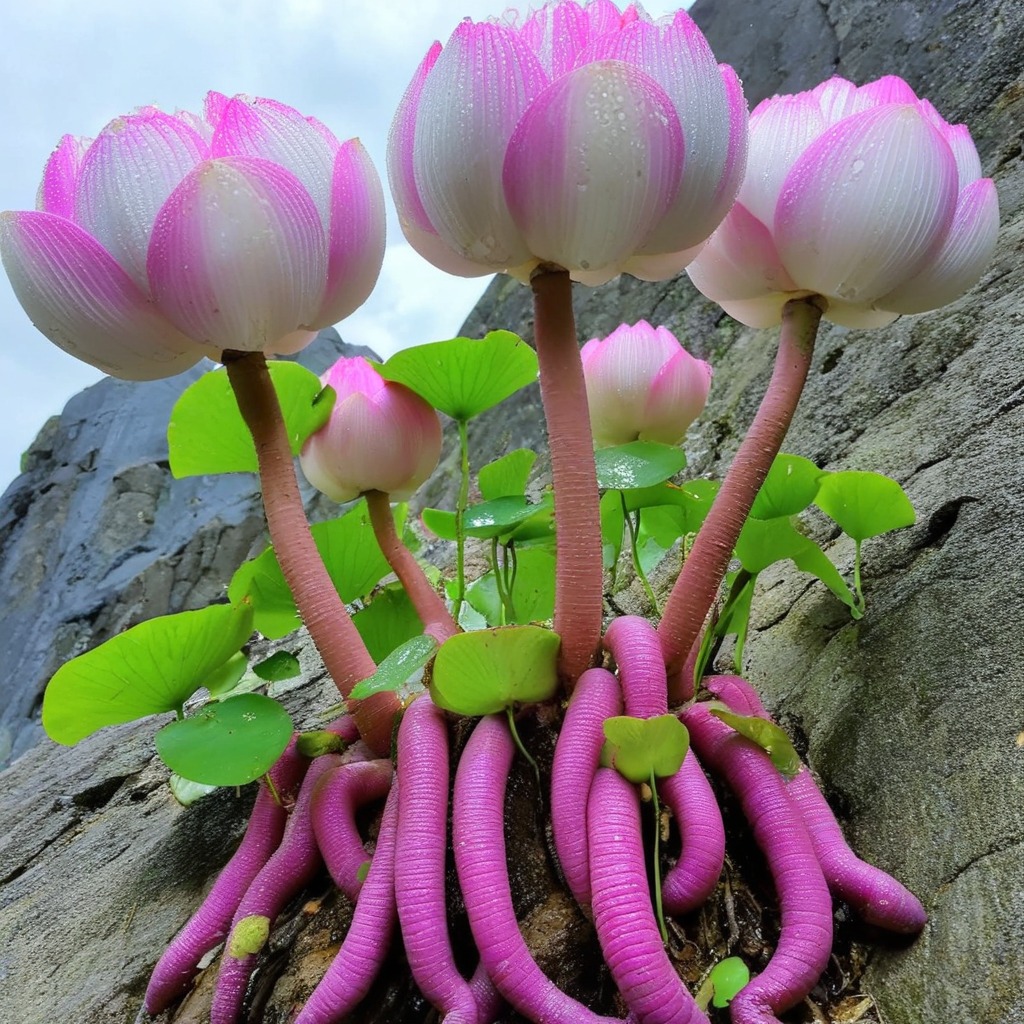 A group of pink lotus flowers with long purple stems growing out of a rock.