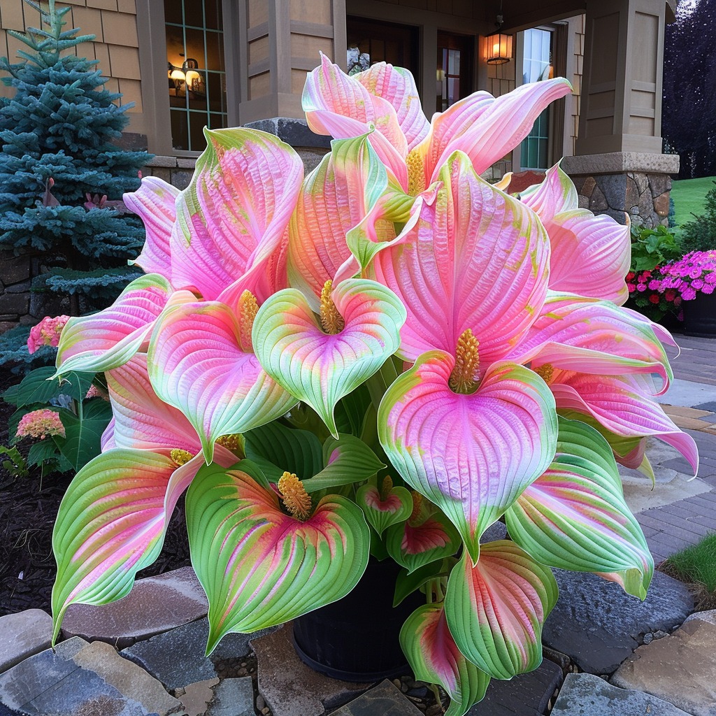 A vibrant display of Hosta plants with large, colorful leaves in shades of pink and green, showcasing their unique ribbed texture.