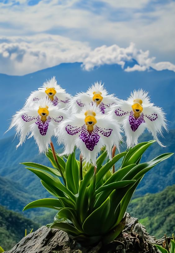 Monkey Face Orchid (Dracula simia) with fluffy white petals and yellow centers against a scenic mountain backdrop