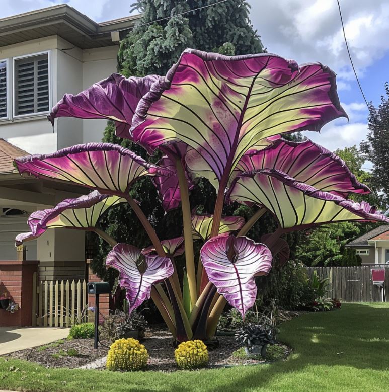 Giant Caladium plant with oversized, vibrant purple and green leaves.