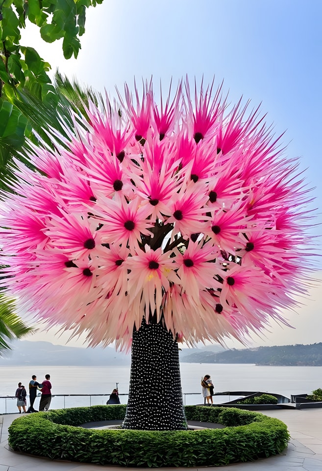 Large Dragon Tree Flower (Dracaena cinnabari) with vibrant pink blossoms and people admiring it by the lake.