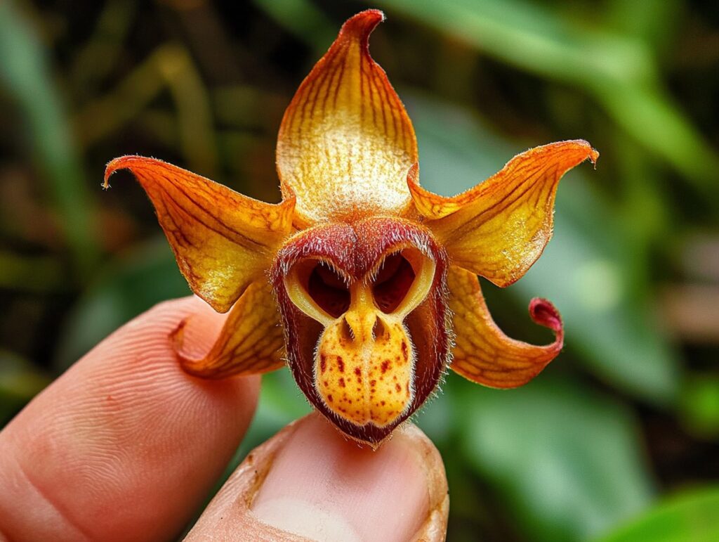 Close-up of Monkey Orchid (Dracula simia) resembling a monkey face