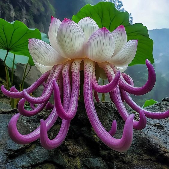 A surreal pink lotus flower with long, purple tentacles growing on a rocky surface.