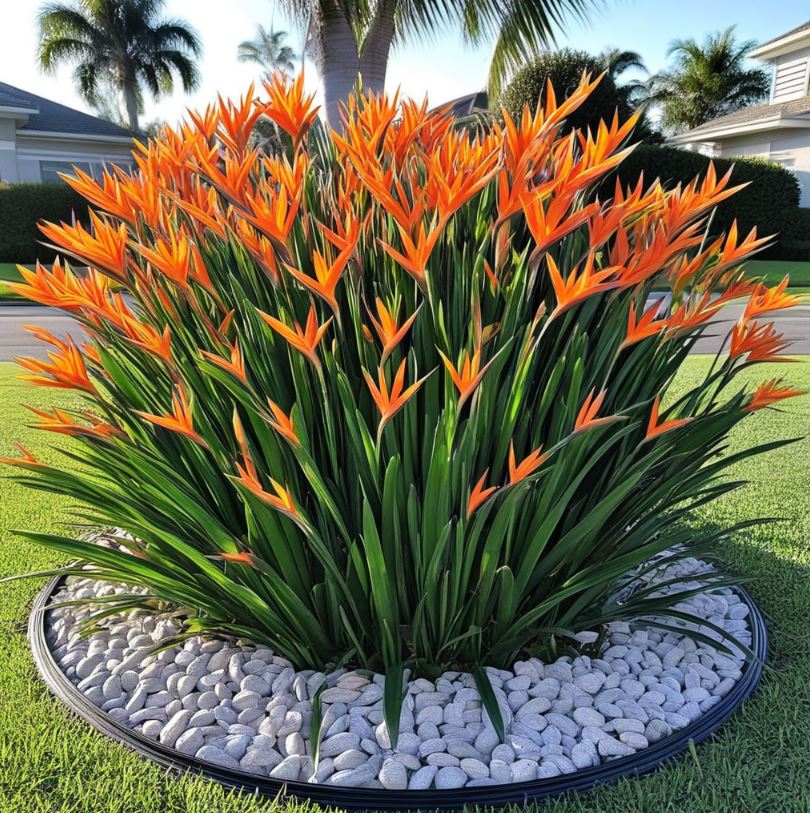 Bird of Paradise garden bed with orange blooms surrounded by white pebbles