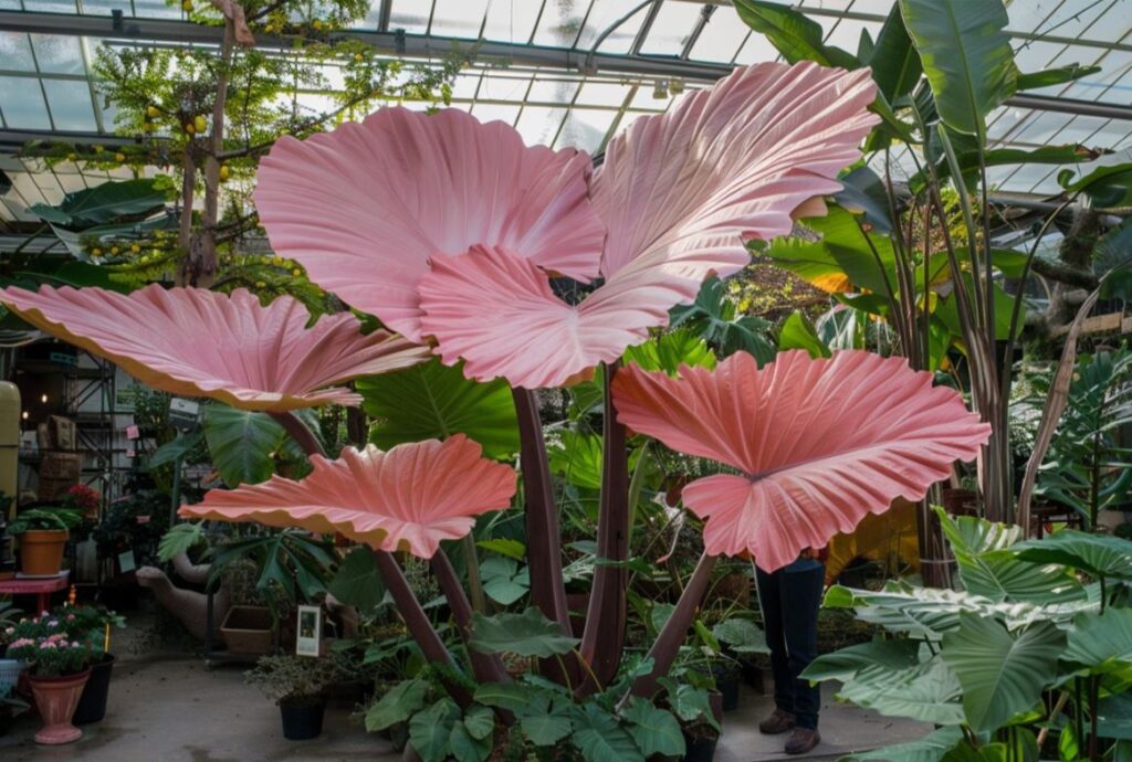 Pink Elephant Ear (Alocasia reginula 'Pink Dragon') showcasing vibrant pink leaves and contrasting dark petioles.