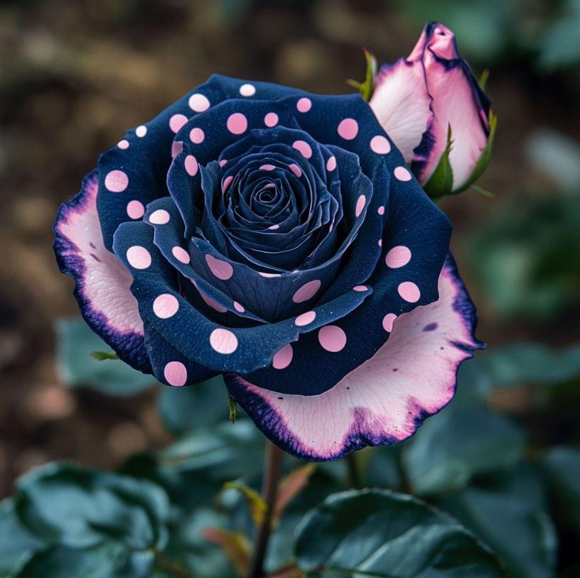 Dark blue rose with pink polka dots on petals